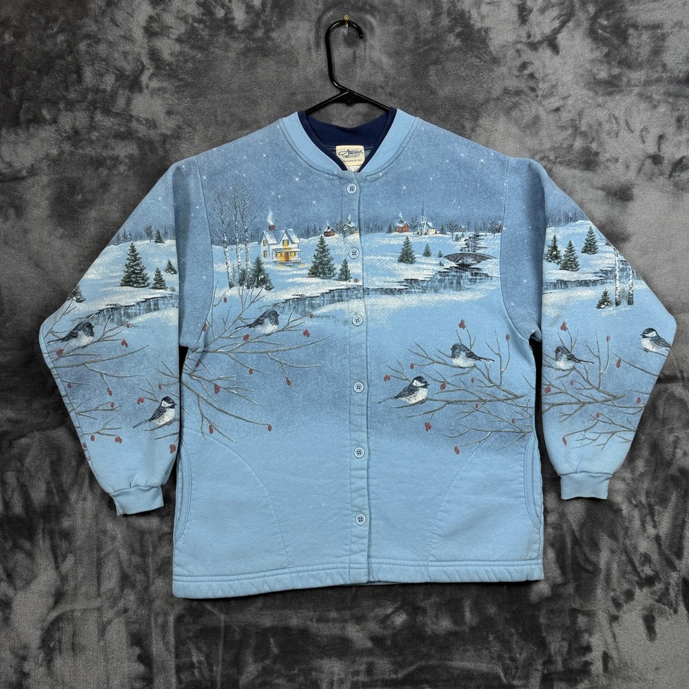 Artisans Cardigan Fleece Womens L Blue Winter Chickadee Bird Scenic Button Front